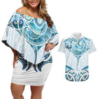 New Zealand Manta Ray Tattoo Couples Matching Off Shoulder Short Dress and Hawaiian Shirt Aotearoa Maori Haehae Paua Shell - Aussie Hoodie