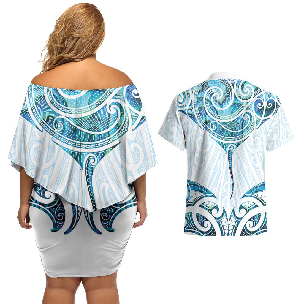 New Zealand Manta Ray Tattoo Couples Matching Off Shoulder Short Dress and Hawaiian Shirt Aotearoa Maori Haehae Paua Shell - Aussie Hoodie