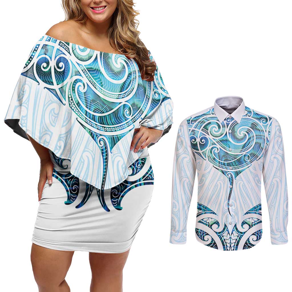New Zealand Manta Ray Tattoo Couples Matching Off Shoulder Short Dress and Long Sleeve Button Shirt Aotearoa Maori Haehae Paua Shell - Aussie Hoodie