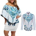 New Zealand Manta Ray Tattoo Couples Matching Off Shoulder Short Dress and Long Sleeve Button Shirt Aotearoa Maori Haehae Paua Shell - Aussie Hoodie