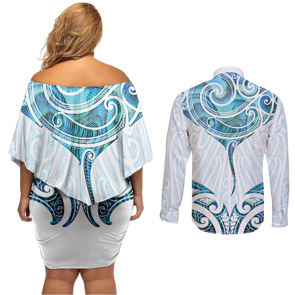 New Zealand Manta Ray Tattoo Couples Matching Off Shoulder Short Dress and Long Sleeve Button Shirt Aotearoa Maori Haehae Paua Shell - Aussie Hoodie
