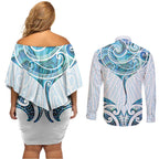 New Zealand Manta Ray Tattoo Couples Matching Off Shoulder Short Dress and Long Sleeve Button Shirt Aotearoa Maori Haehae Paua Shell - Aussie Hoodie
