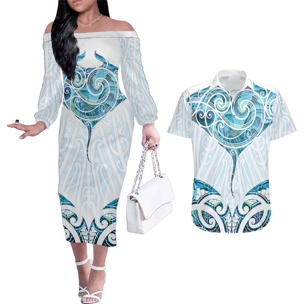 New Zealand Manta Ray Tattoo Couples Matching Off The Shoulder Long Sleeve Dress and Hawaiian Shirt Aotearoa Maori Haehae Paua Shell - Aussie Hoodie