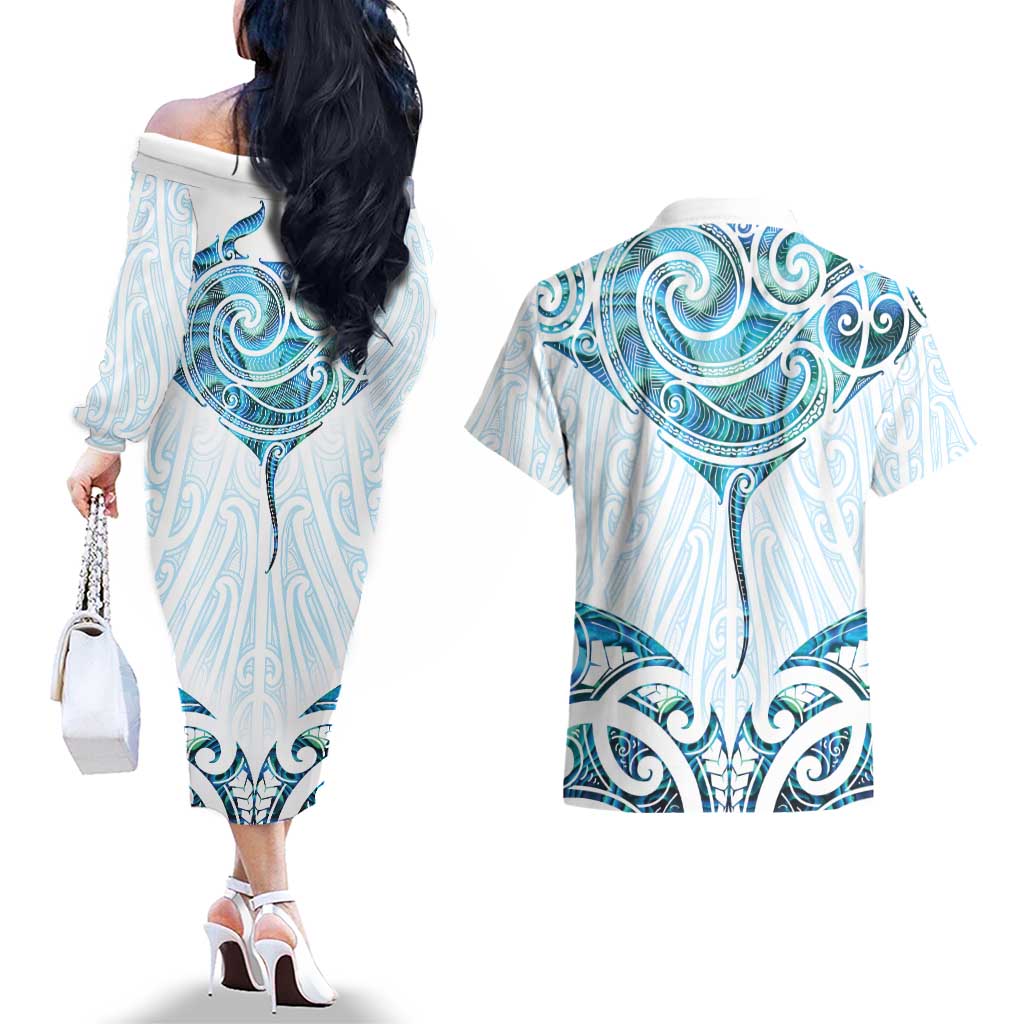 New Zealand Manta Ray Tattoo Couples Matching Off The Shoulder Long Sleeve Dress and Hawaiian Shirt Aotearoa Maori Haehae Paua Shell - Aussie Hoodie