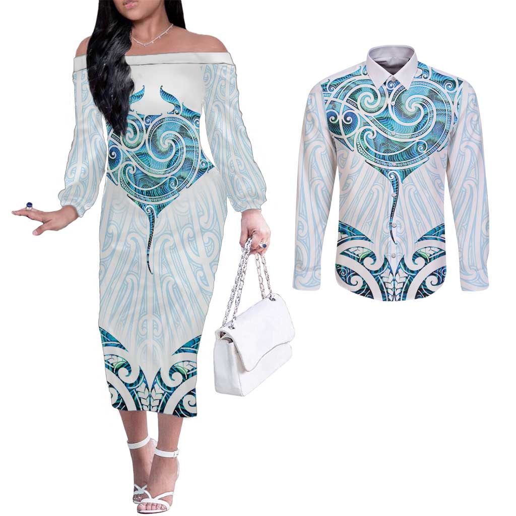 New Zealand Manta Ray Tattoo Couples Matching Off The Shoulder Long Sleeve Dress and Long Sleeve Button Shirt Aotearoa Maori Haehae Paua Shell - Aussie Hoodie