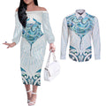 New Zealand Manta Ray Tattoo Couples Matching Off The Shoulder Long Sleeve Dress and Long Sleeve Button Shirt Aotearoa Maori Haehae Paua Shell - Aussie Hoodie