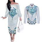 New Zealand Manta Ray Tattoo Couples Matching Off The Shoulder Long Sleeve Dress and Long Sleeve Button Shirt Aotearoa Maori Haehae Paua Shell - Aussie Hoodie