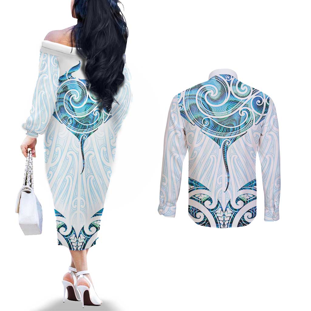 New Zealand Manta Ray Tattoo Couples Matching Off The Shoulder Long Sleeve Dress and Long Sleeve Button Shirt Aotearoa Maori Haehae Paua Shell - Aussie Hoodie
