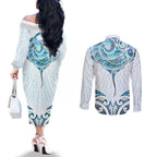 New Zealand Manta Ray Tattoo Couples Matching Off The Shoulder Long Sleeve Dress and Long Sleeve Button Shirt Aotearoa Maori Haehae Paua Shell - Aussie Hoodie