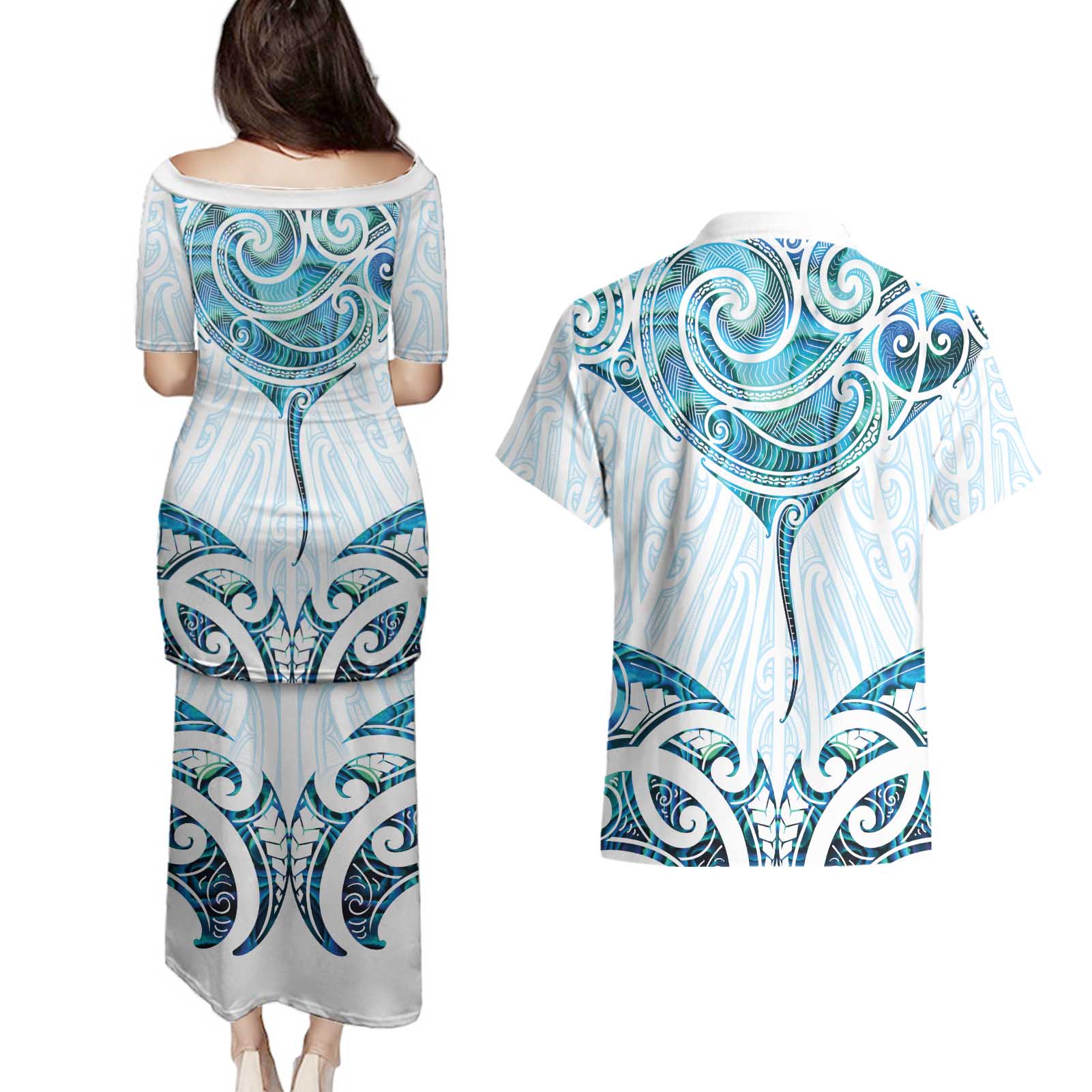 New Zealand Manta Ray Tattoo Couples Matching Puletasi and Hawaiian Shirt Aotearoa Maori Haehae Paua Shell - Aussie Hoodie