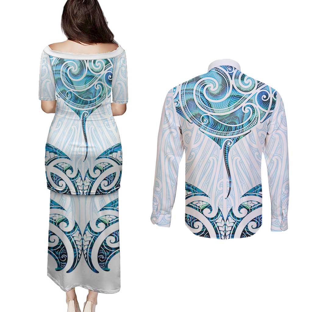 New Zealand Manta Ray Tattoo Couples Matching Puletasi and Long Sleeve Button Shirt Aotearoa Maori Haehae Paua Shell - Aussie Hoodie