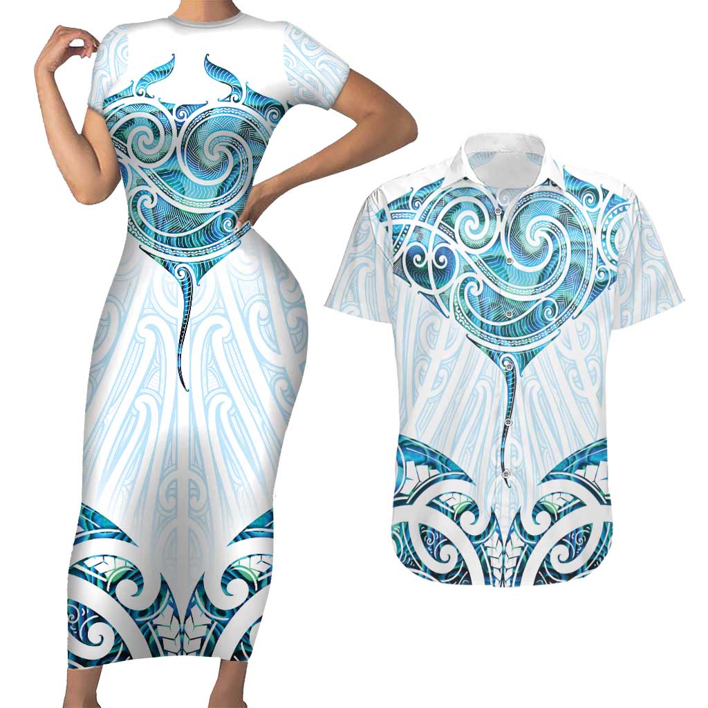 New Zealand Manta Ray Tattoo Couples Matching Short Sleeve Bodycon Dress and Hawaiian Shirt Aotearoa Maori Haehae Paua Shell - Aussie Hoodie