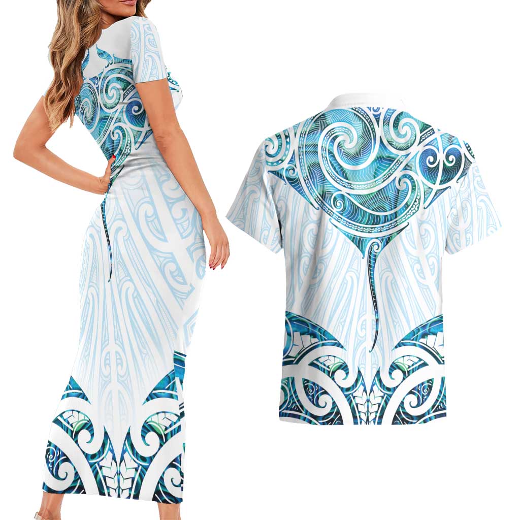 New Zealand Manta Ray Tattoo Couples Matching Short Sleeve Bodycon Dress and Hawaiian Shirt Aotearoa Maori Haehae Paua Shell - Aussie Hoodie