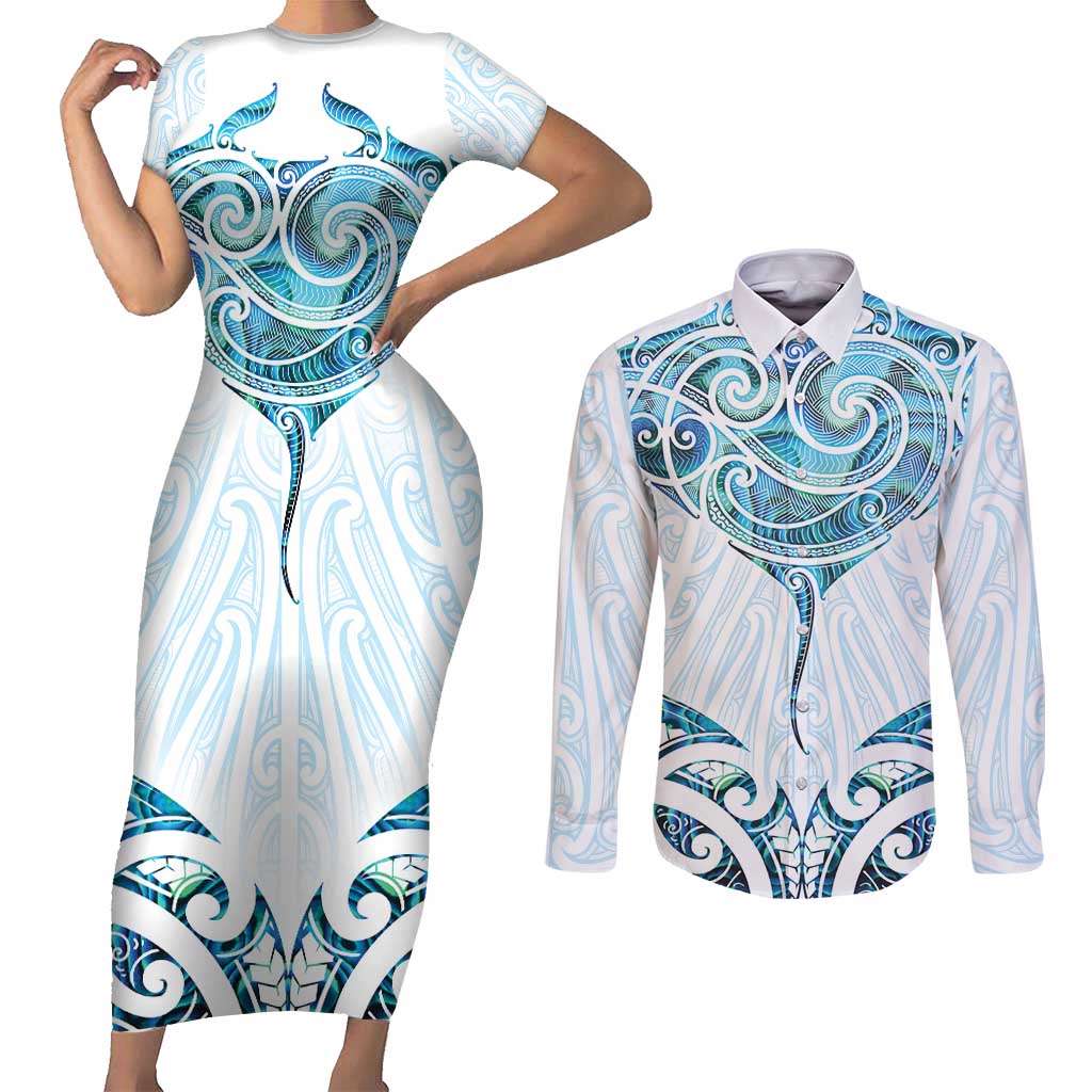 New Zealand Manta Ray Tattoo Couples Matching Short Sleeve Bodycon Dress and Long Sleeve Button Shirt Aotearoa Maori Haehae Paua Shell - Aussie Hoodie