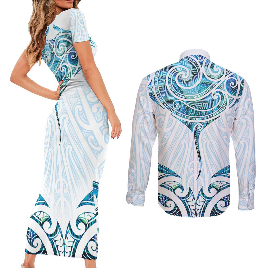 New Zealand Manta Ray Tattoo Couples Matching Short Sleeve Bodycon Dress and Long Sleeve Button Shirt Aotearoa Maori Haehae Paua Shell - Aussie Hoodie