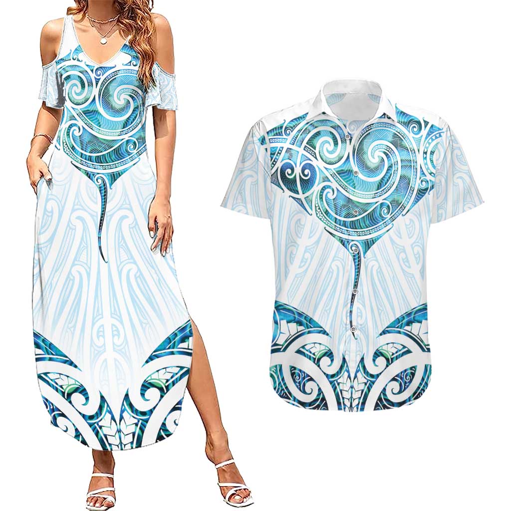 New Zealand Manta Ray Tattoo Couples Matching Summer Maxi Dress and Hawaiian Shirt Aotearoa Maori Haehae Paua Shell - Aussie Hoodie