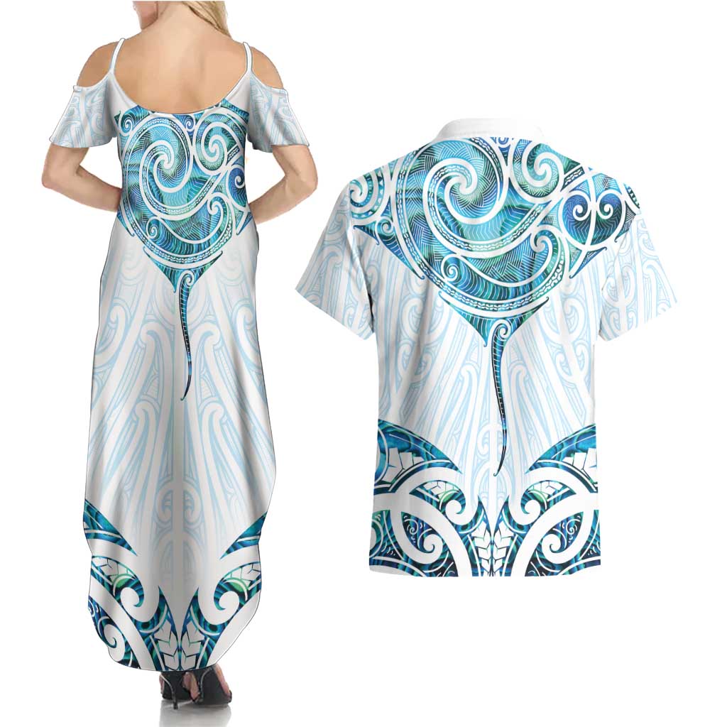 New Zealand Manta Ray Tattoo Couples Matching Summer Maxi Dress and Hawaiian Shirt Aotearoa Maori Haehae Paua Shell - Aussie Hoodie
