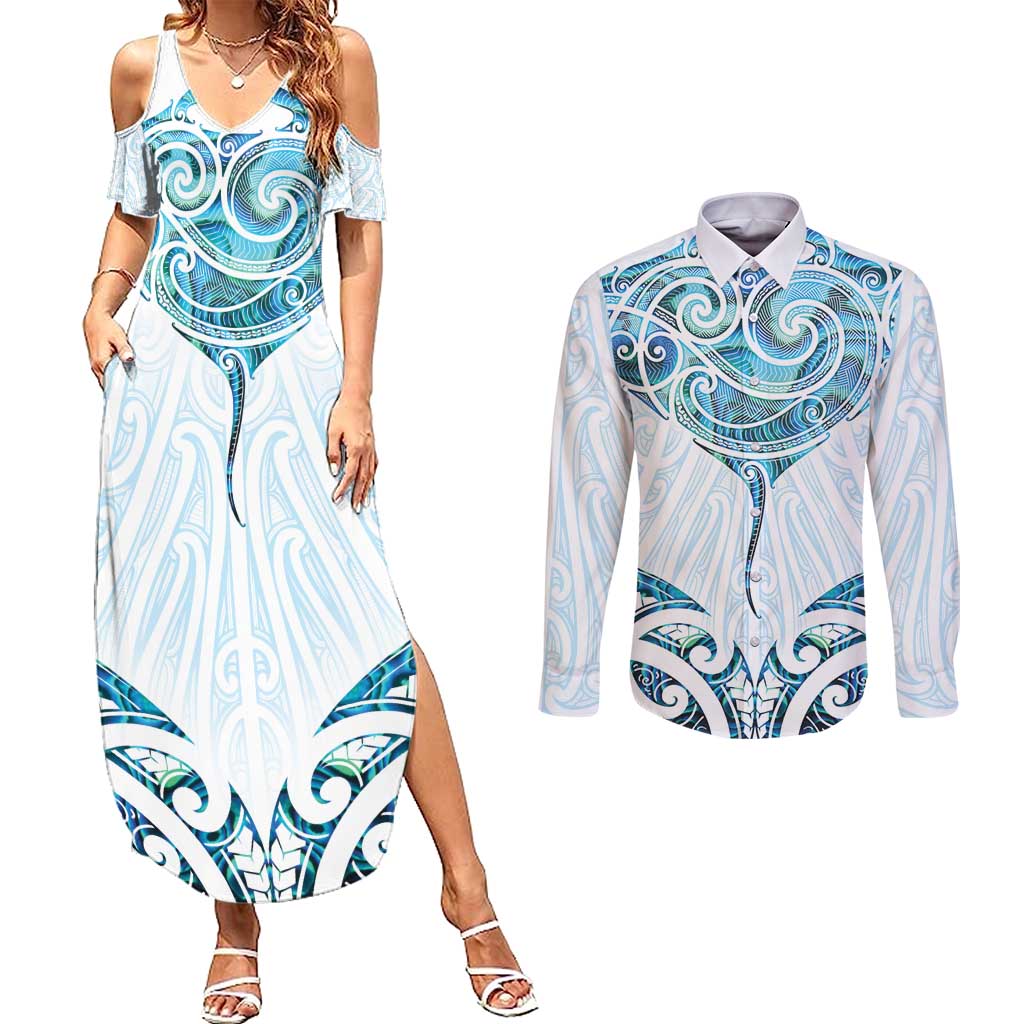 New Zealand Manta Ray Tattoo Couples Matching Summer Maxi Dress and Long Sleeve Button Shirt Aotearoa Maori Haehae Paua Shell - Aussie Hoodie