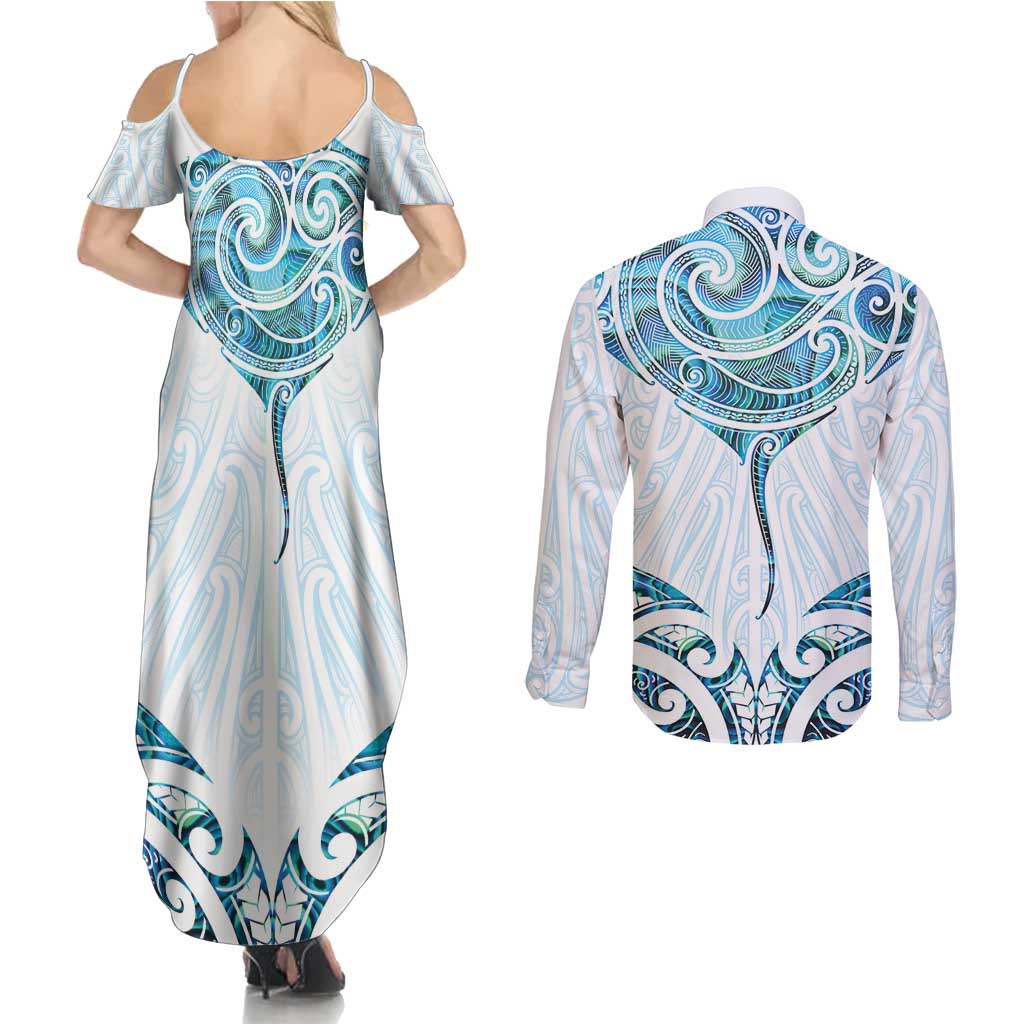 New Zealand Manta Ray Tattoo Couples Matching Summer Maxi Dress and Long Sleeve Button Shirt Aotearoa Maori Haehae Paua Shell - Aussie Hoodie