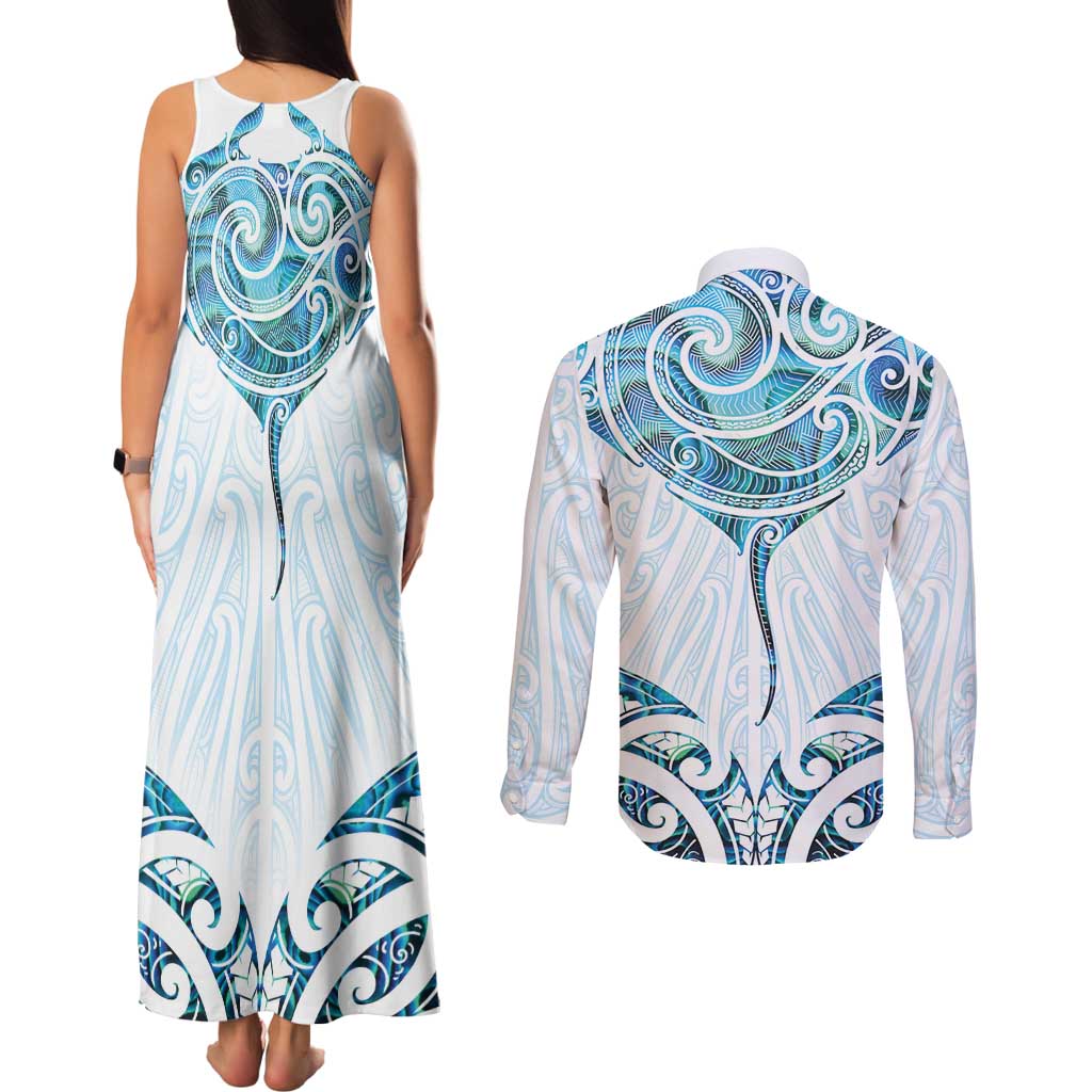 New Zealand Manta Ray Tattoo Couples Matching Tank Maxi Dress and Long Sleeve Button Shirt Aotearoa Maori Haehae Paua Shell - Aussie Hoodie