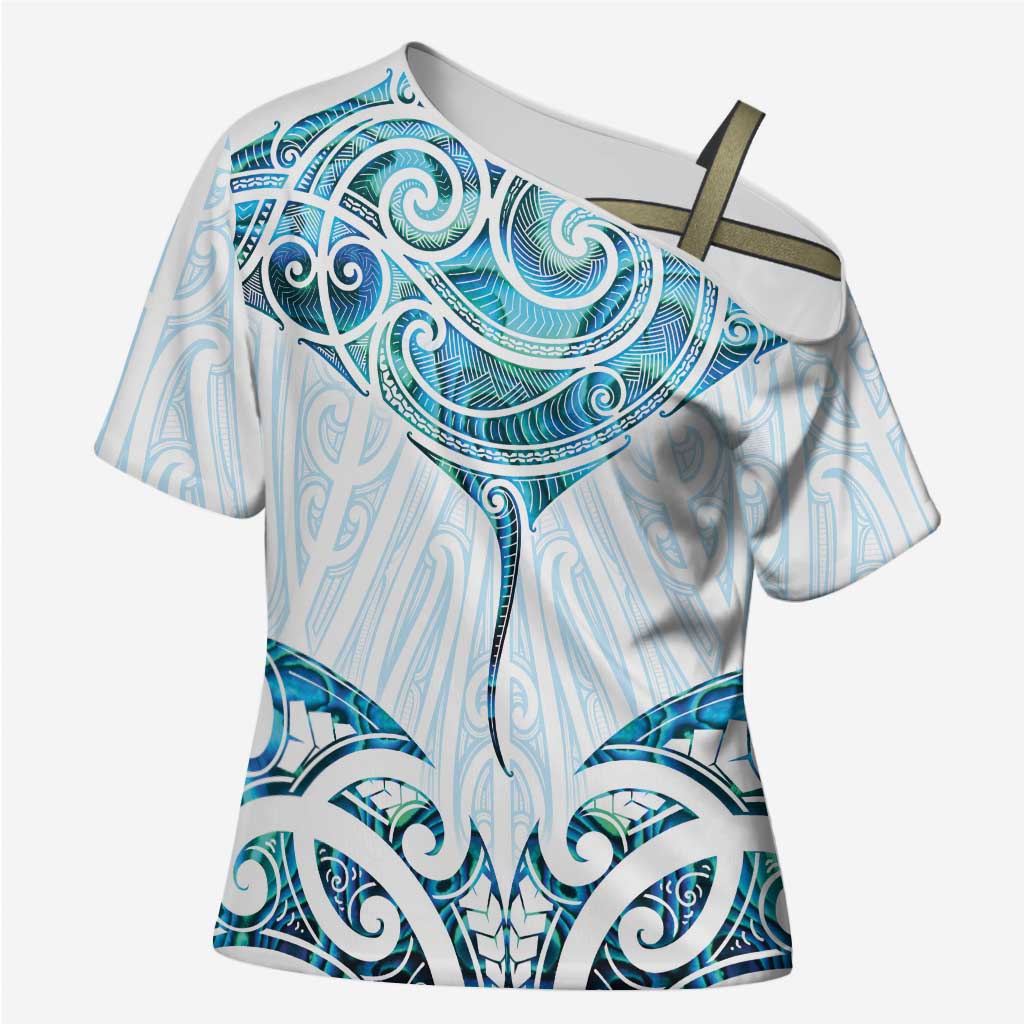 New Zealand Manta Ray Tattoo Cross Shoulder Shirt Aotearoa Maori Haehae Paua Shell - Aussie Hoodie