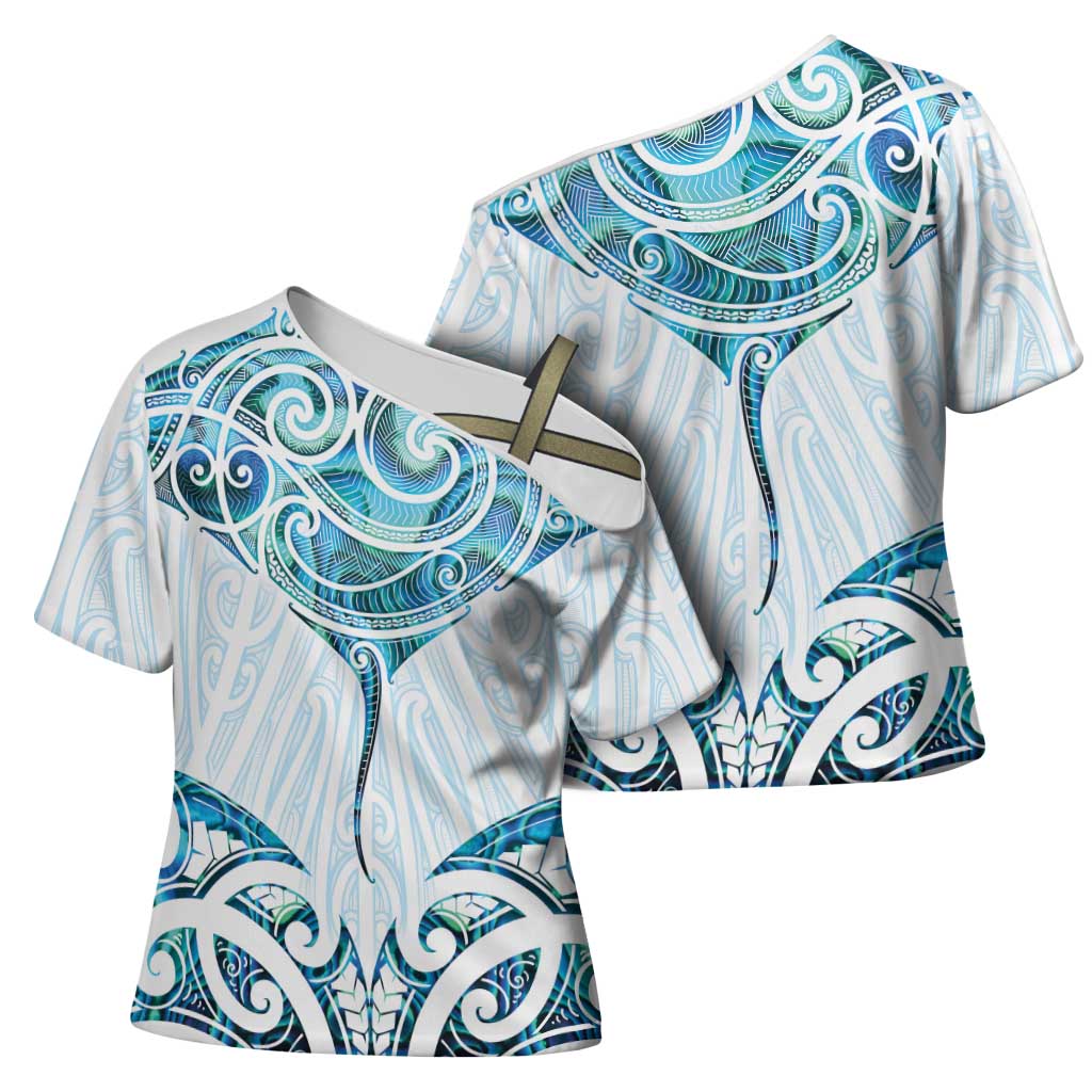 New Zealand Manta Ray Tattoo Cross Shoulder Shirt Aotearoa Maori Haehae Paua Shell - Aussie Hoodie