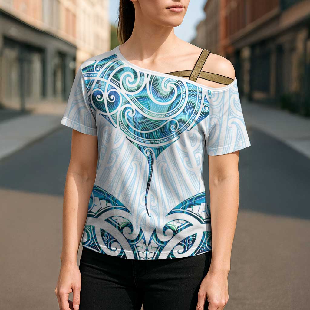 New Zealand Manta Ray Tattoo Cross Shoulder Shirt Aotearoa Maori Haehae Paua Shell - Aussie Hoodie