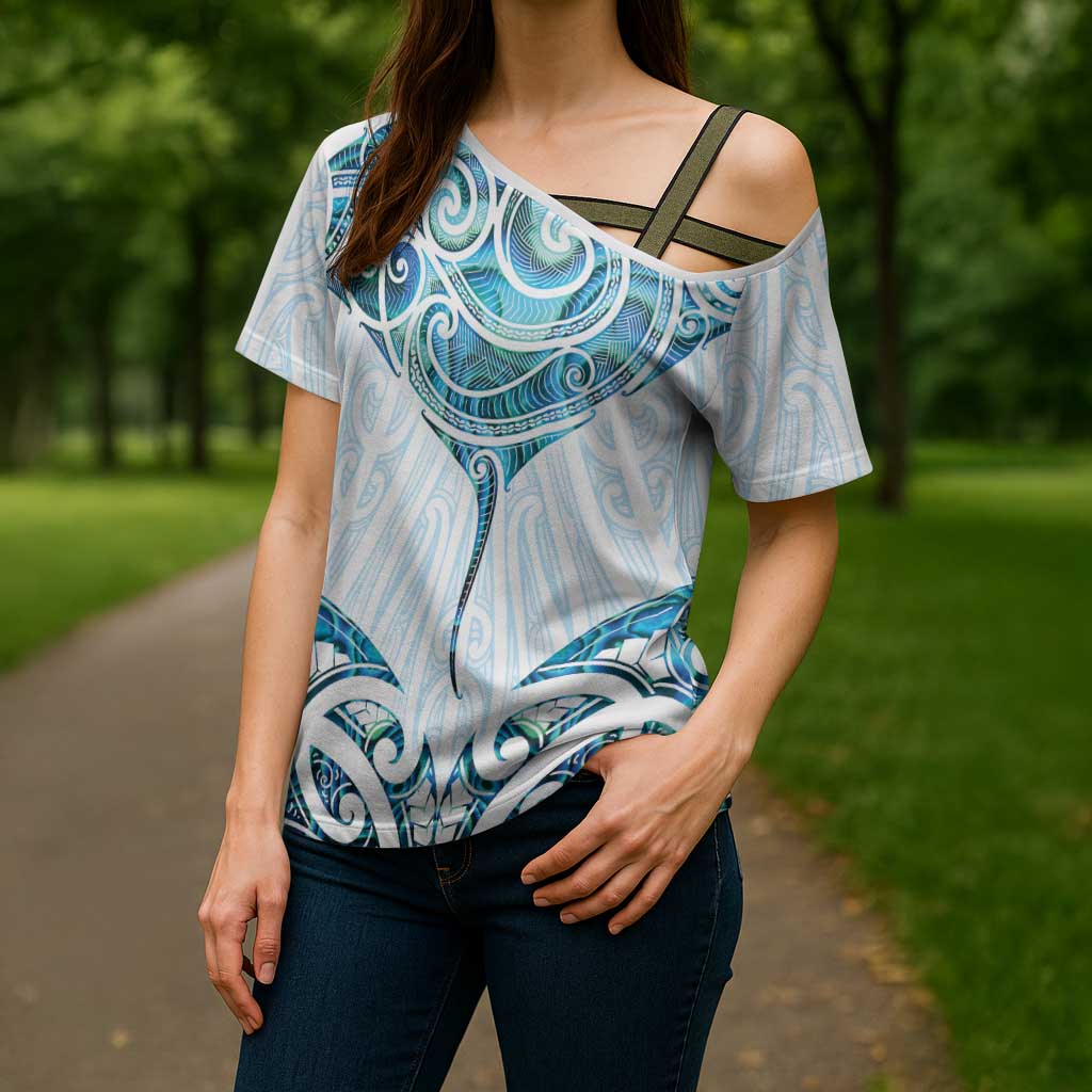 New Zealand Manta Ray Tattoo Cross Shoulder Shirt Aotearoa Maori Haehae Paua Shell - Aussie Hoodie