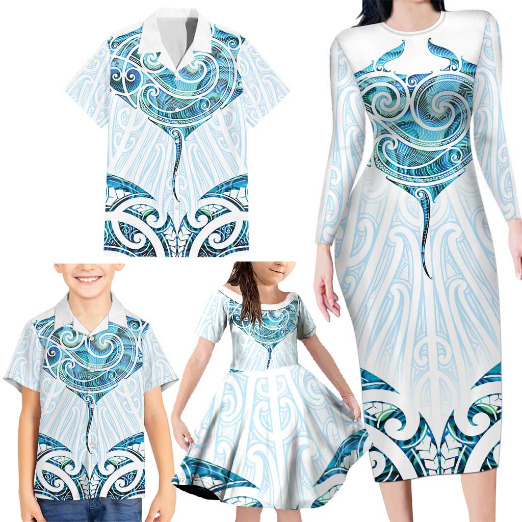New Zealand Manta Ray Tattoo Family Matching Long Sleeve Bodycon Dress and Hawaiian Shirt Aotearoa Maori Haehae Paua Shell - Aussie Hoodie