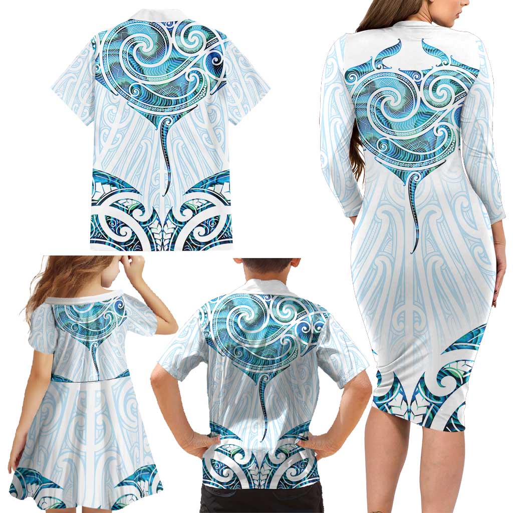 New Zealand Manta Ray Tattoo Family Matching Long Sleeve Bodycon Dress and Hawaiian Shirt Aotearoa Maori Haehae Paua Shell - Aussie Hoodie
