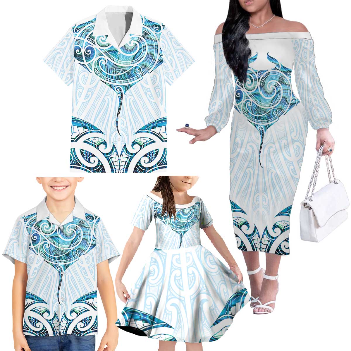 New Zealand Manta Ray Tattoo Family Matching Off The Shoulder Long Sleeve Dress and Hawaiian Shirt Aotearoa Maori Haehae Paua Shell - Aussie Hoodie