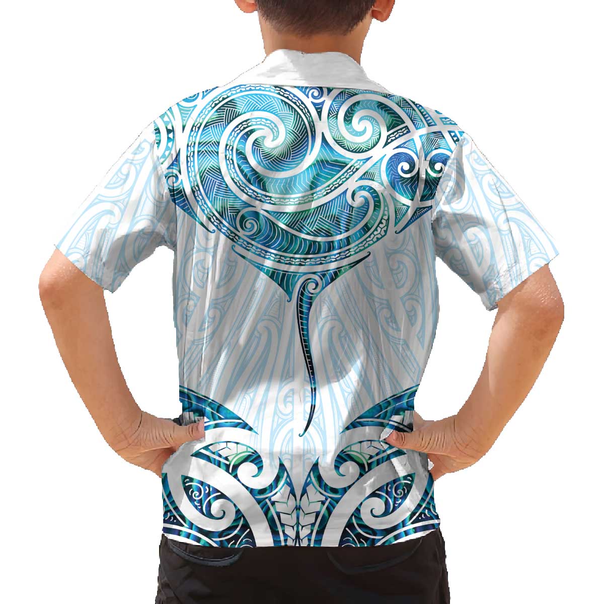 New Zealand Manta Ray Tattoo Family Matching Off The Shoulder Long Sleeve Dress and Hawaiian Shirt Aotearoa Maori Haehae Paua Shell - Aussie Hoodie