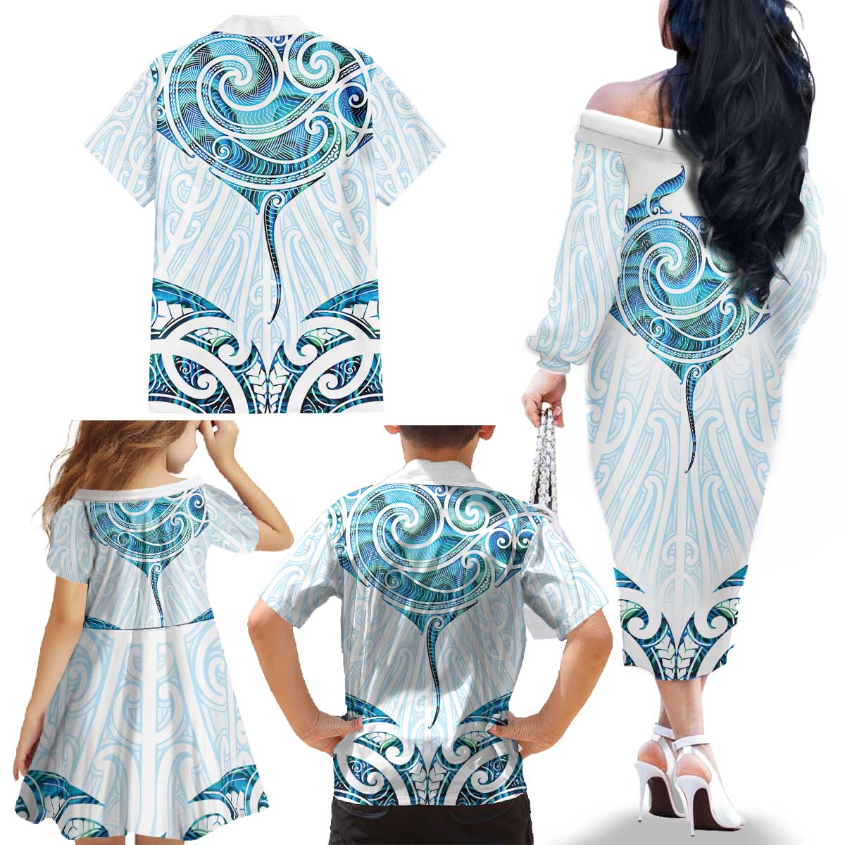 New Zealand Manta Ray Tattoo Family Matching Off The Shoulder Long Sleeve Dress and Hawaiian Shirt Aotearoa Maori Haehae Paua Shell - Aussie Hoodie