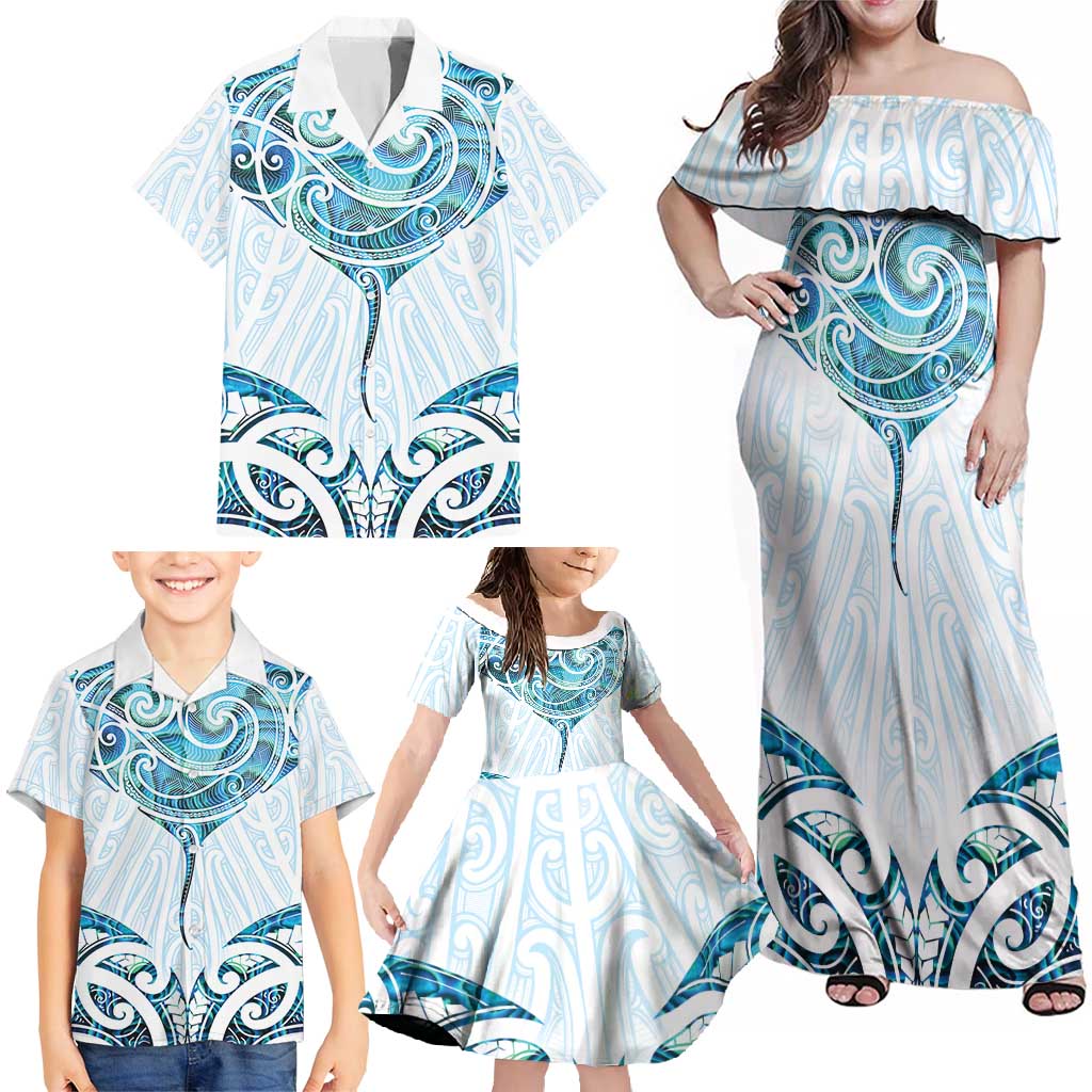 New Zealand Manta Ray Tattoo Family Matching Off Shoulder Maxi Dress and Hawaiian Shirt Aotearoa Maori Haehae Paua Shell - Aussie Hoodie