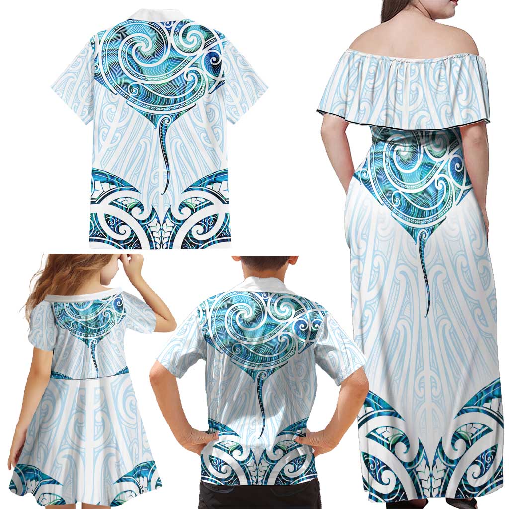 New Zealand Manta Ray Tattoo Family Matching Off Shoulder Maxi Dress and Hawaiian Shirt Aotearoa Maori Haehae Paua Shell - Aussie Hoodie