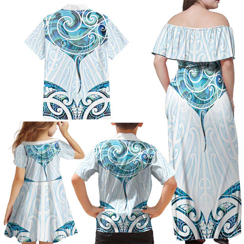 New Zealand Manta Ray Tattoo Family Matching Off Shoulder Maxi Dress and Hawaiian Shirt Aotearoa Maori Haehae Paua Shell - Aussie Hoodie