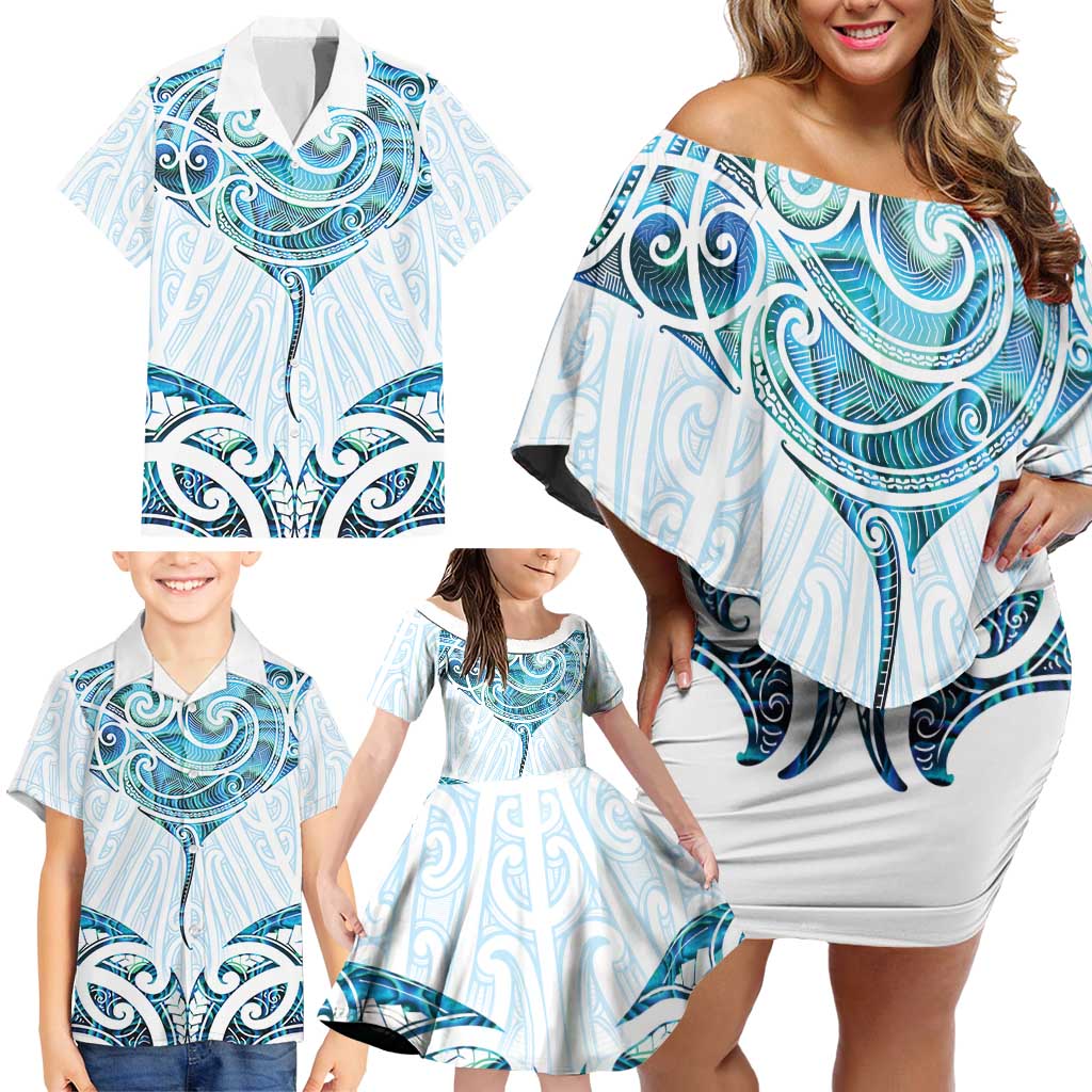 New Zealand Manta Ray Tattoo Family Matching Off Shoulder Short Dress and Hawaiian Shirt Aotearoa Maori Haehae Paua Shell - Aussie Hoodie