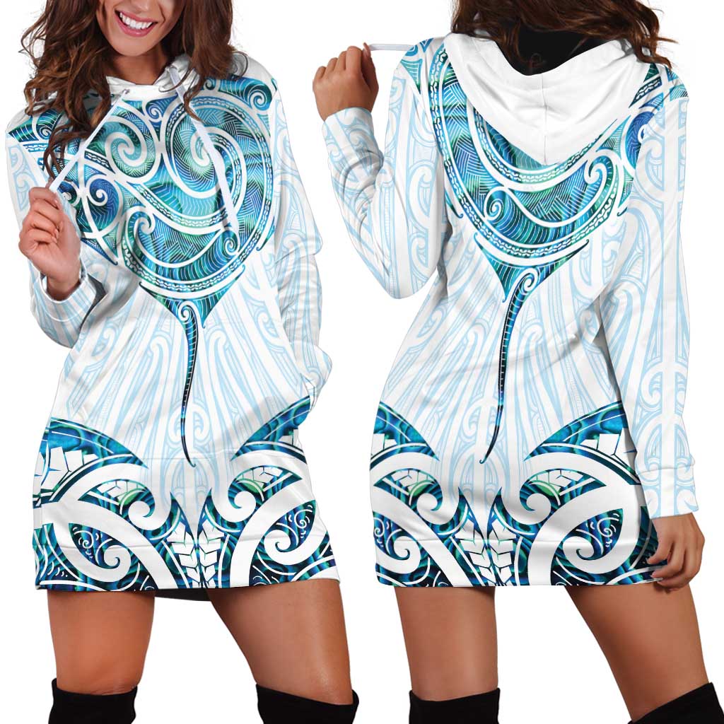 New Zealand Manta Ray Tattoo Hoodie Dress Aotearoa Maori Haehae Paua Shell - Aussie Hoodie