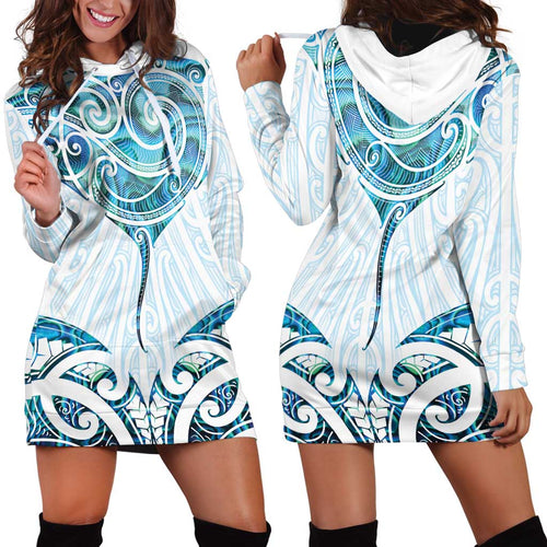 New Zealand Manta Ray Tattoo Hoodie Dress Aotearoa Maori Haehae Paua Shell - Aussie Hoodie