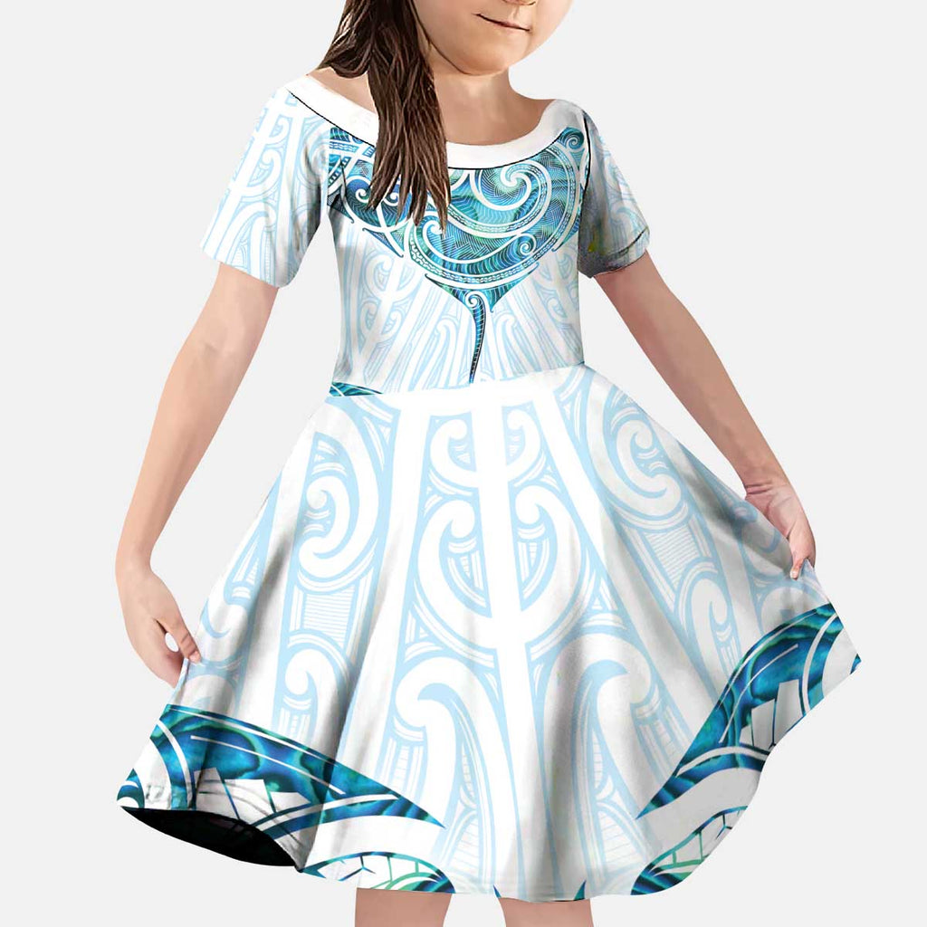 New Zealand Manta Ray Tattoo Kid Short Sleeve Dress Aotearoa Maori Haehae Paua Shell - Aussie Hoodie