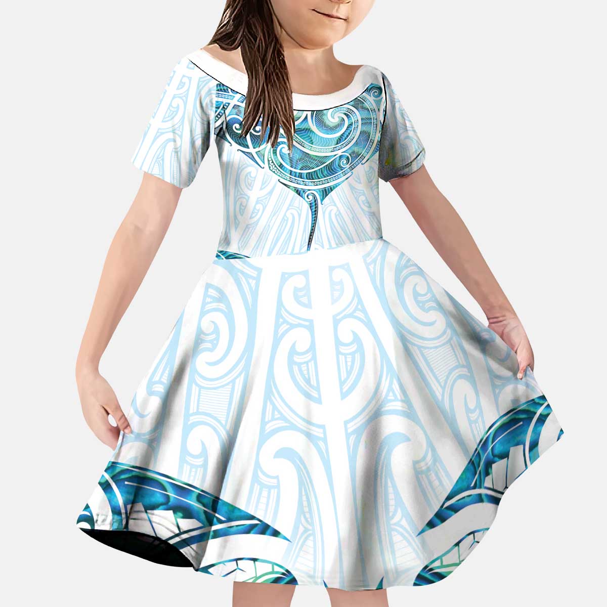 New Zealand Manta Ray Tattoo Kid Short Sleeve Dress Aotearoa Maori Haehae Paua Shell - Aussie Hoodie