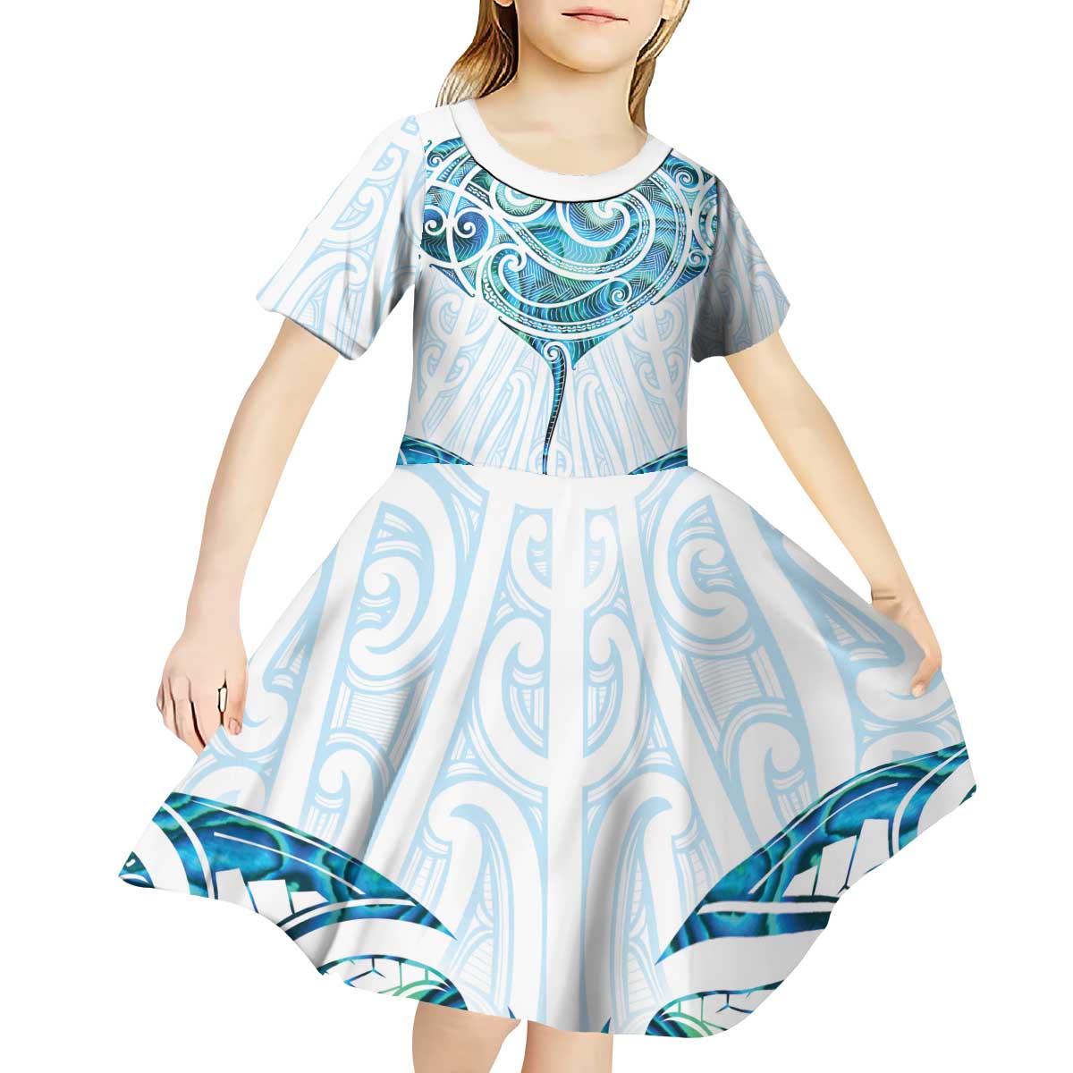 New Zealand Manta Ray Tattoo Kid Short Sleeve Dress Aotearoa Maori Haehae Paua Shell - Aussie Hoodie