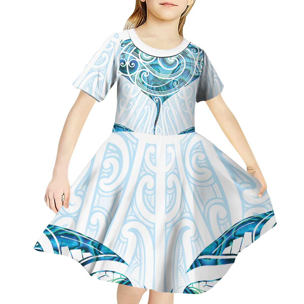 New Zealand Manta Ray Tattoo Kid Short Sleeve Dress Aotearoa Maori Haehae Paua Shell - Aussie Hoodie