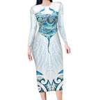 New Zealand Manta Ray Tattoo Long Sleeve Bodycon Dress Aotearoa Maori Haehae Paua Shell - Aussie Hoodie