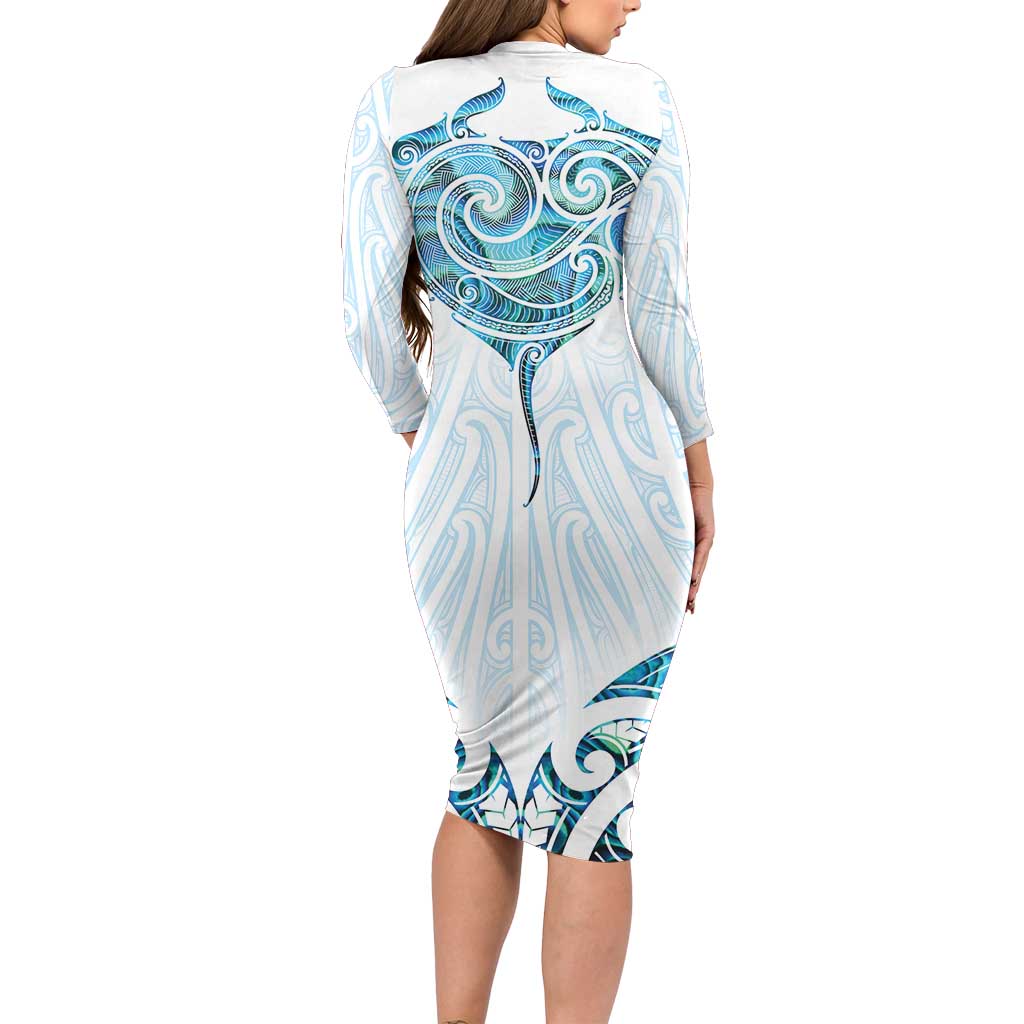 New Zealand Manta Ray Tattoo Long Sleeve Bodycon Dress Aotearoa Maori Haehae Paua Shell - Aussie Hoodie
