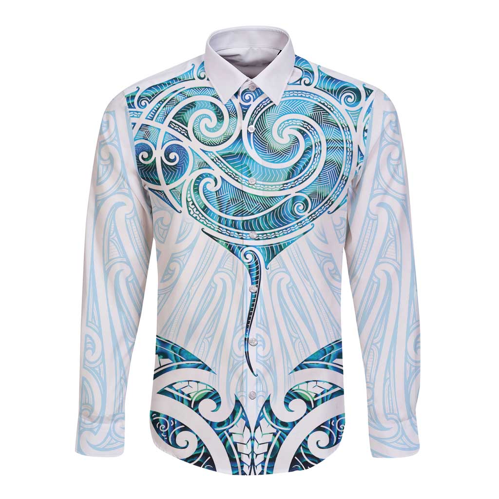 New Zealand Manta Ray Tattoo Long Sleeve Button Shirt Aotearoa Maori Haehae Paua Shell - Aussie Hoodie