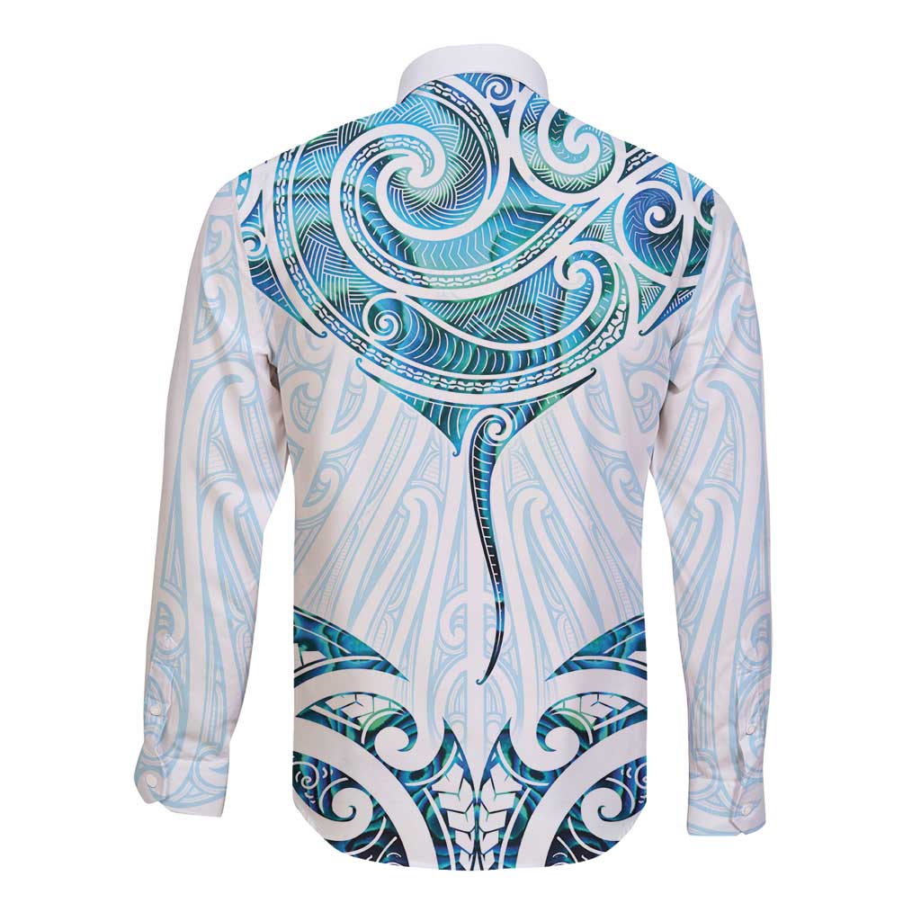 New Zealand Manta Ray Tattoo Long Sleeve Button Shirt Aotearoa Maori Haehae Paua Shell - Aussie Hoodie