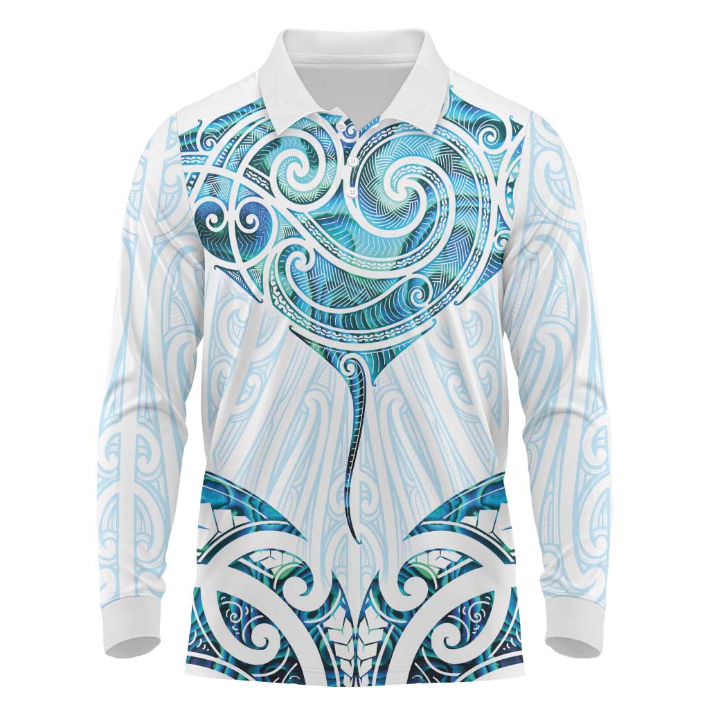 New Zealand Manta Ray Tattoo Long Sleeve Polo Shirt Aotearoa Maori Haehae Paua Shell - Aussie Hoodie