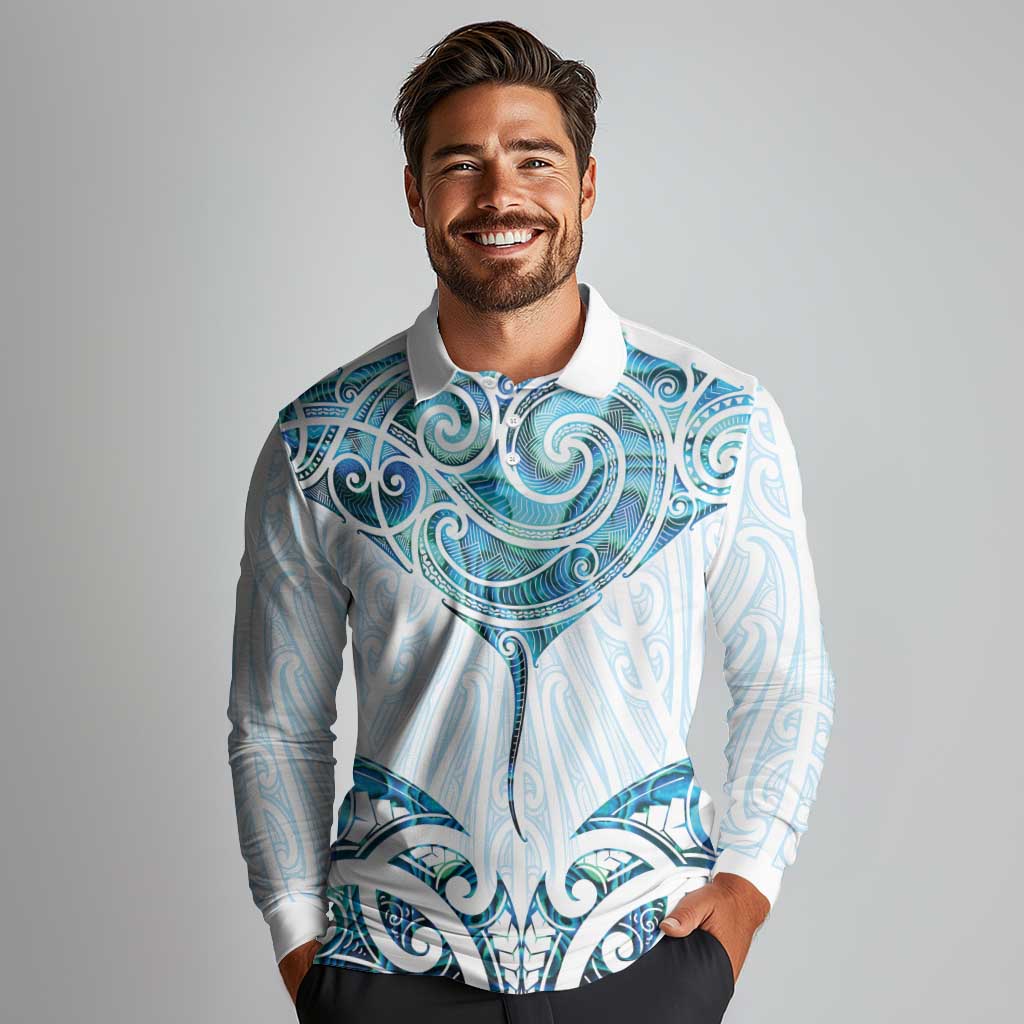 New Zealand Manta Ray Tattoo Long Sleeve Polo Shirt Aotearoa Maori Haehae Paua Shell - Aussie Hoodie