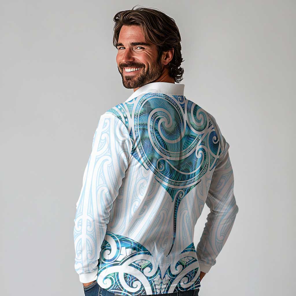 New Zealand Manta Ray Tattoo Long Sleeve Polo Shirt Aotearoa Maori Haehae Paua Shell - Aussie Hoodie